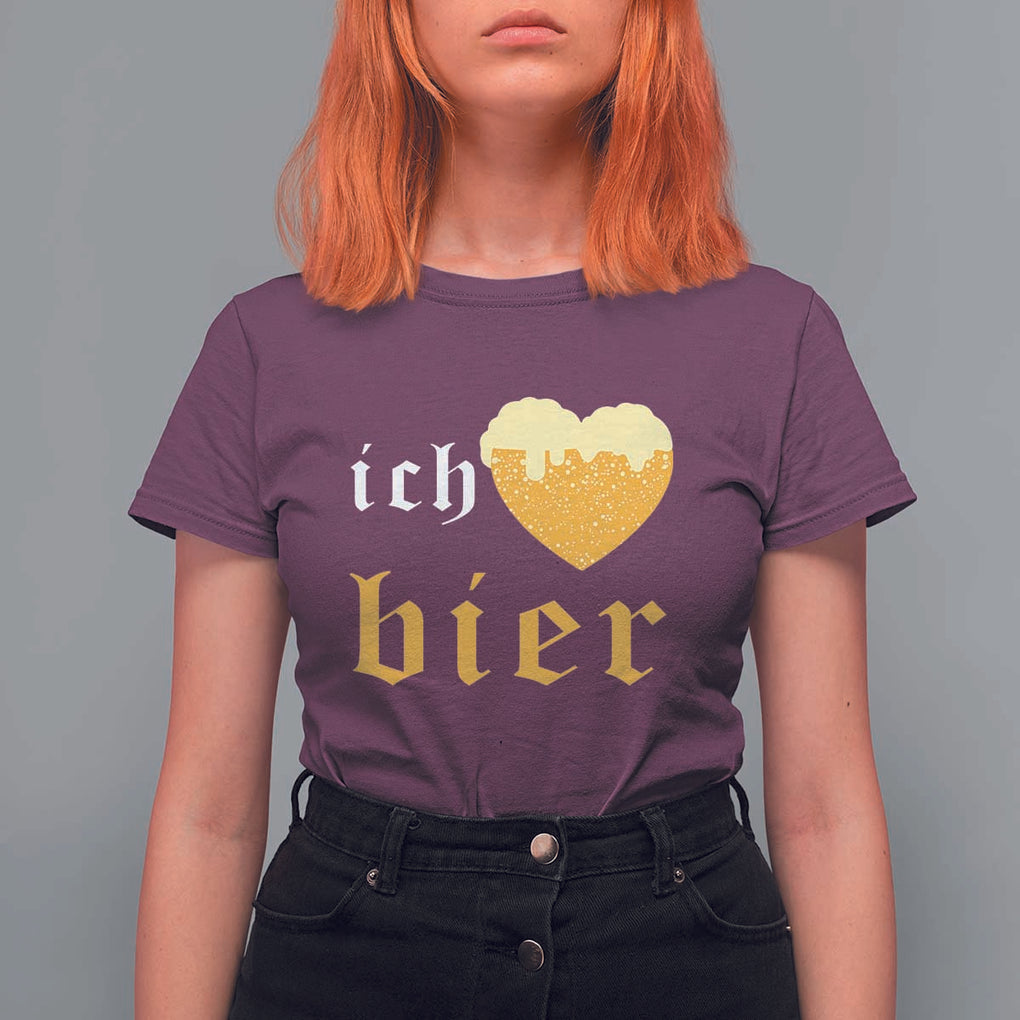 Funny Oktoberfest T Shirt For Women Ich Liebe Bier Heart German Beer Foam TS11 Maroon Print Your Wear