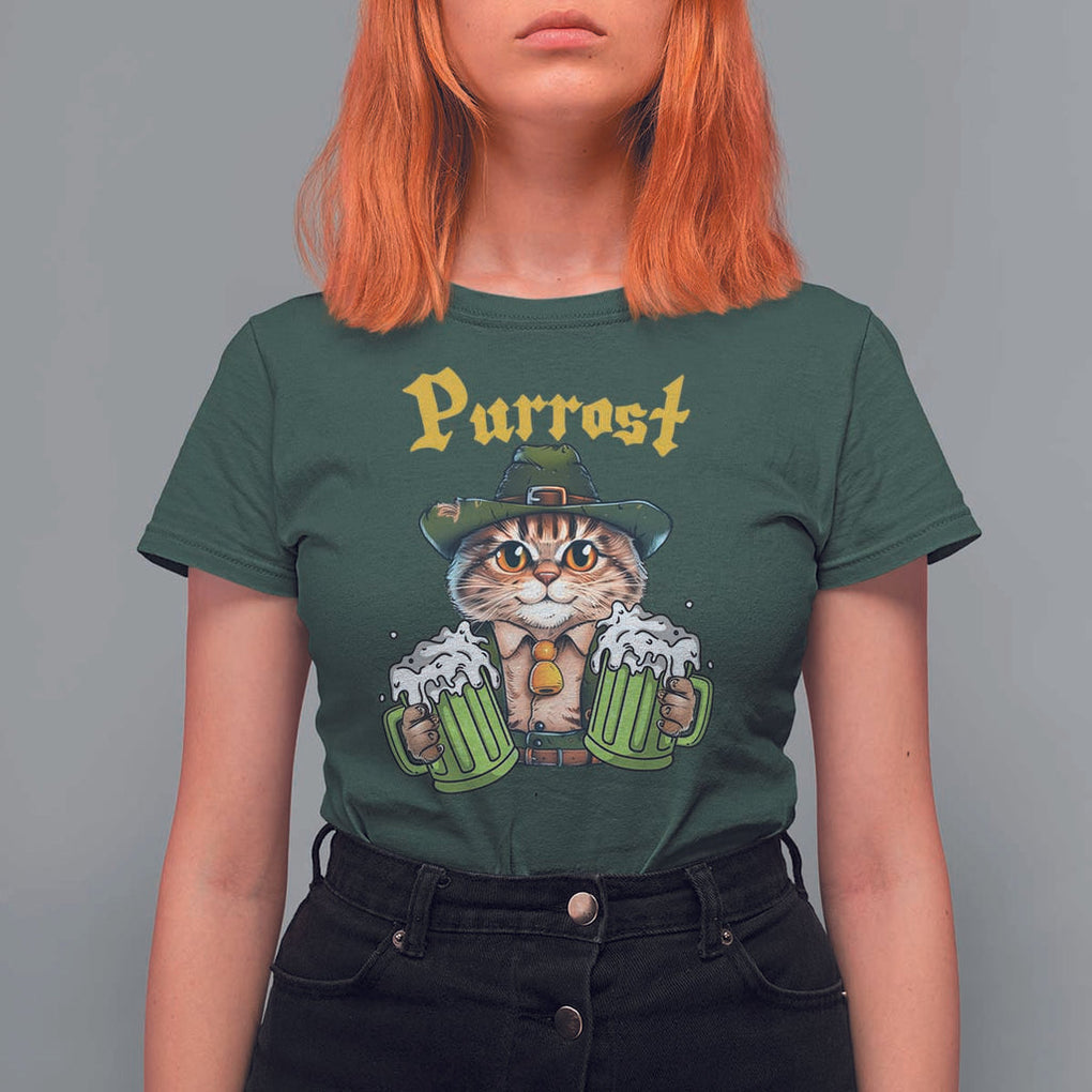 Funny Oktoberfest Cat T Shirt For Women Purrost Kitty Drinking Beer Lederhosen Pet Lovers TS11 Dark Forest Green Print Your Wear
