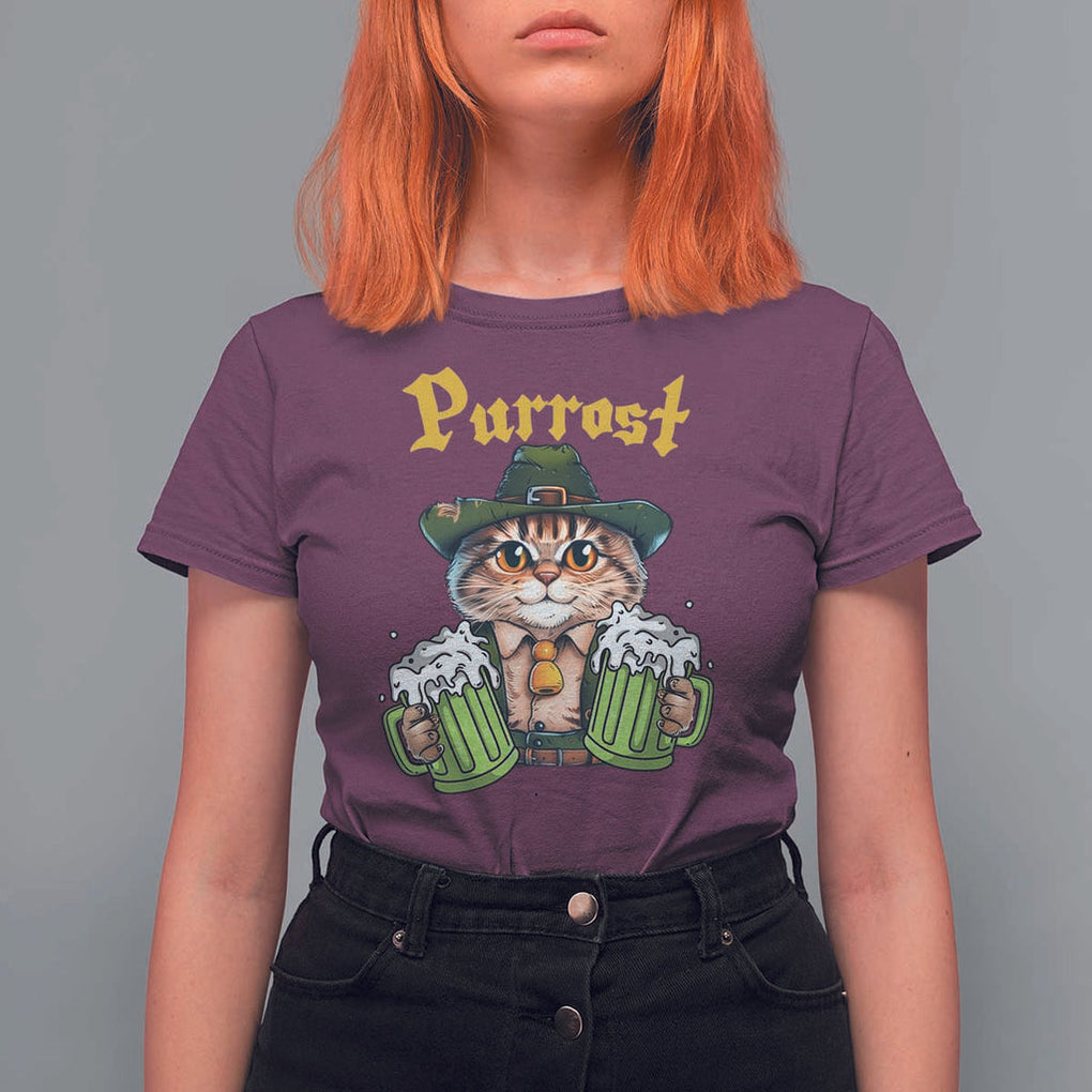 Funny Oktoberfest Cat T Shirt For Women Purrost Kitty Drinking Beer Lederhosen Pet Lovers TS11 Maroon Print Your Wear