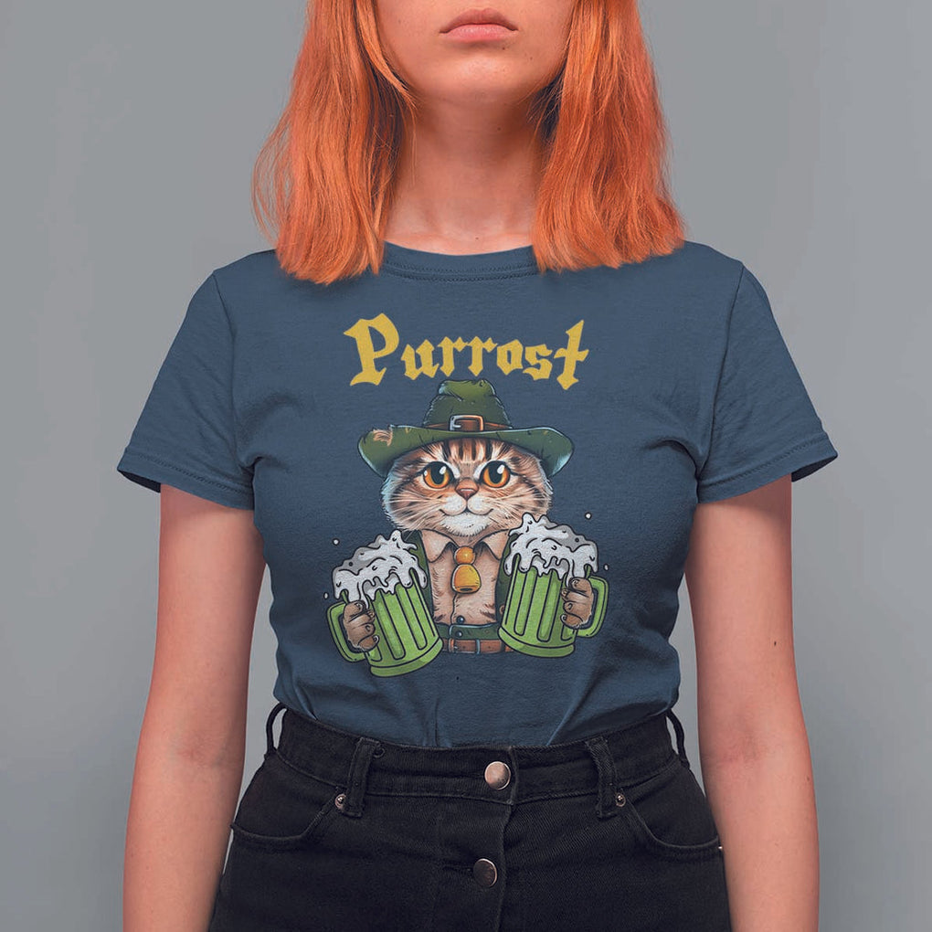 Funny Oktoberfest Cat T Shirt For Women Purrost Kitty Drinking Beer Lederhosen Pet Lovers TS11 Navy Print Your Wear