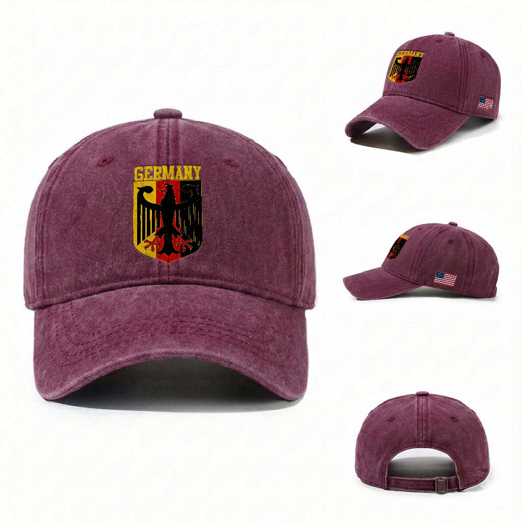 Proud Germany Washed Cotton Baseball Cap Bundesadler Coat of Arms German Flag TS11 Washed Cap Universal Fit Burgundy Print Your Wear