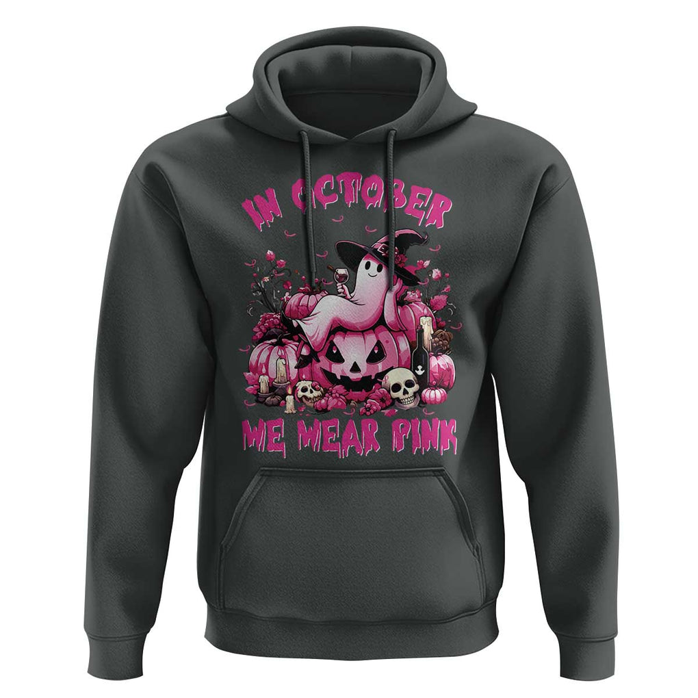 Breast Cancer Awareness Hoodie In October We Wear Pink Halloween Ghost Pumpkin Wine Skull TS11 Dark Heather Print Your Wear
