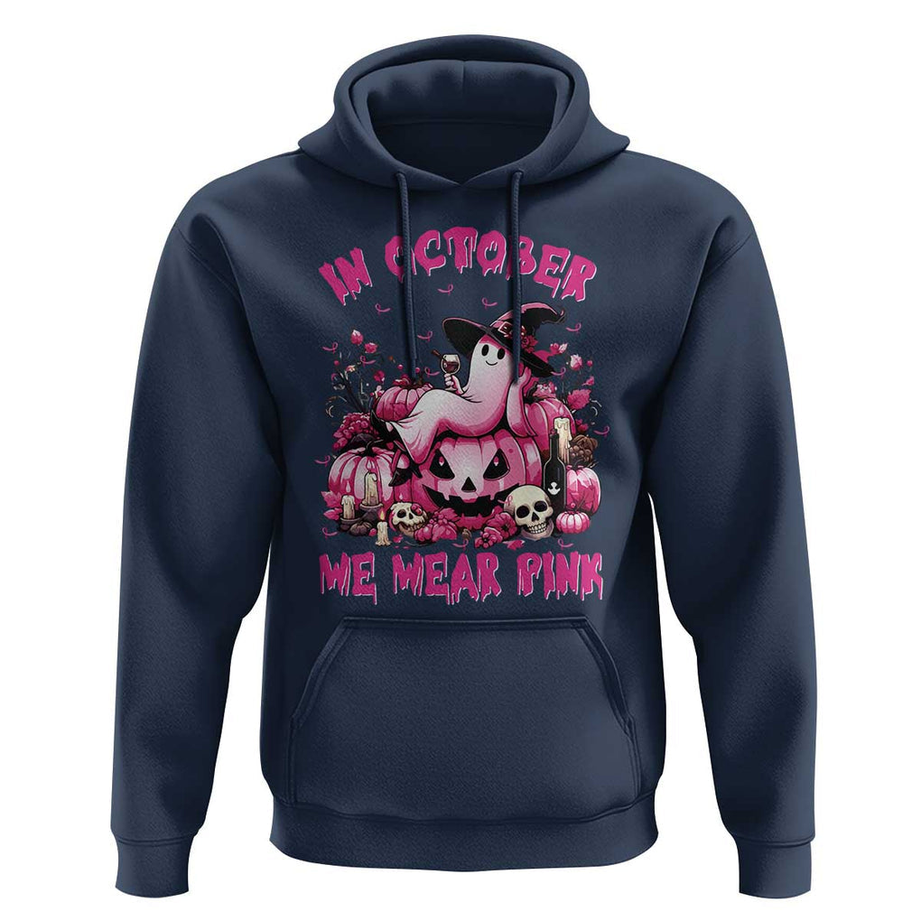 Breast Cancer Awareness Hoodie In October We Wear Pink Halloween Ghost Pumpkin Wine Skull TS11 Navy Print Your Wear