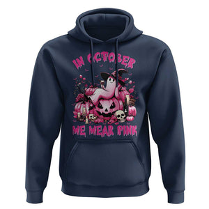 Breast Cancer Awareness Hoodie In October We Wear Pink Halloween Ghost Pumpkin Wine Skull TS11 Navy Print Your Wear