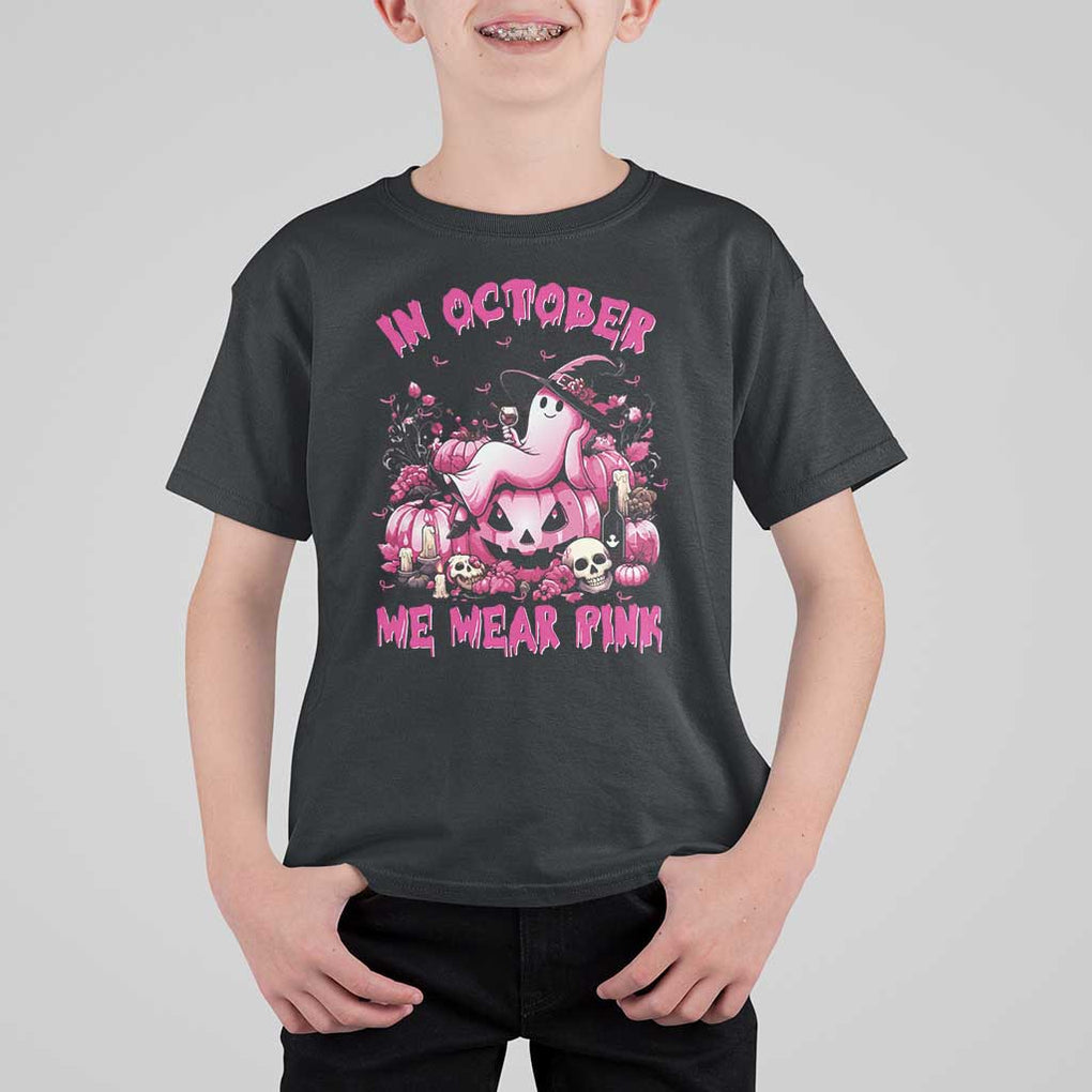 Breast Cancer Awareness T Shirt For Kid In October We Wear Pink Halloween Ghost Pumpkin Wine Skull TS11 Black Print Your Wear
