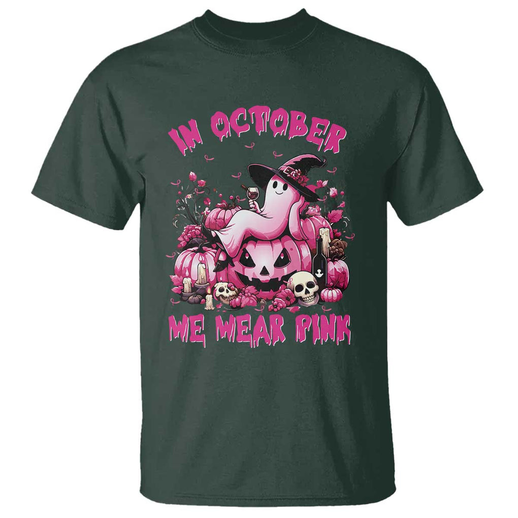 Breast Cancer Awareness T Shirt In October We Wear Pink Halloween Ghost Pumpkin Wine Skull TS11 Dark Forest Green Print Your Wear