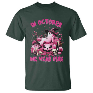 Breast Cancer Awareness T Shirt In October We Wear Pink Halloween Ghost Pumpkin Wine Skull TS11 Dark Forest Green Print Your Wear