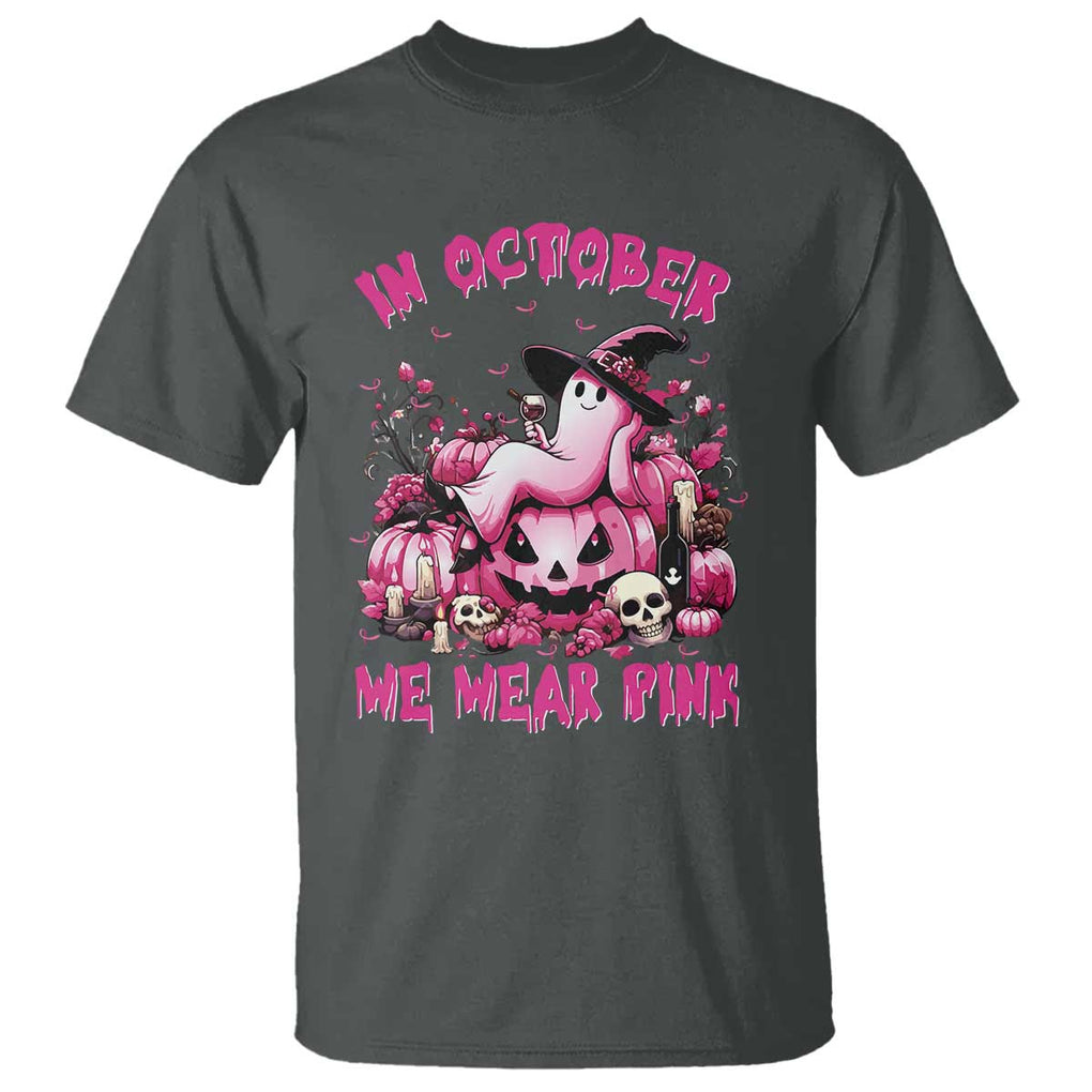 Breast Cancer Awareness T Shirt In October We Wear Pink Halloween Ghost Pumpkin Wine Skull TS11 Dark Heather Print Your Wear