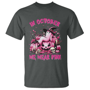 Breast Cancer Awareness T Shirt In October We Wear Pink Halloween Ghost Pumpkin Wine Skull TS11 Dark Heather Print Your Wear