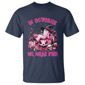 Breast Cancer Awareness T Shirt In October We Wear Pink Halloween Ghost Pumpkin Wine Skull TS11 Navy Print Your Wear