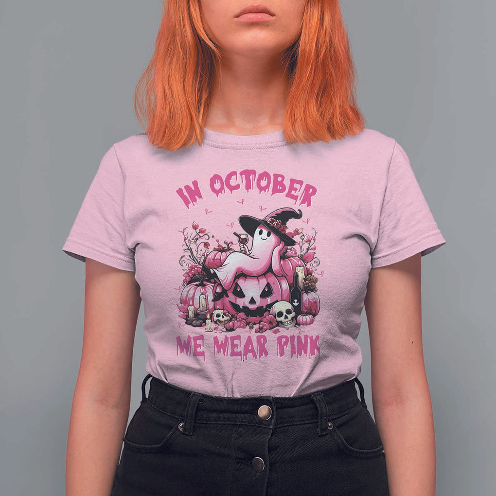 Breast Cancer Awareness T Shirt For Women In October We Wear Pink Halloween Ghost Pumpkin Wine Skull TS11 Light Pink Print Your Wear