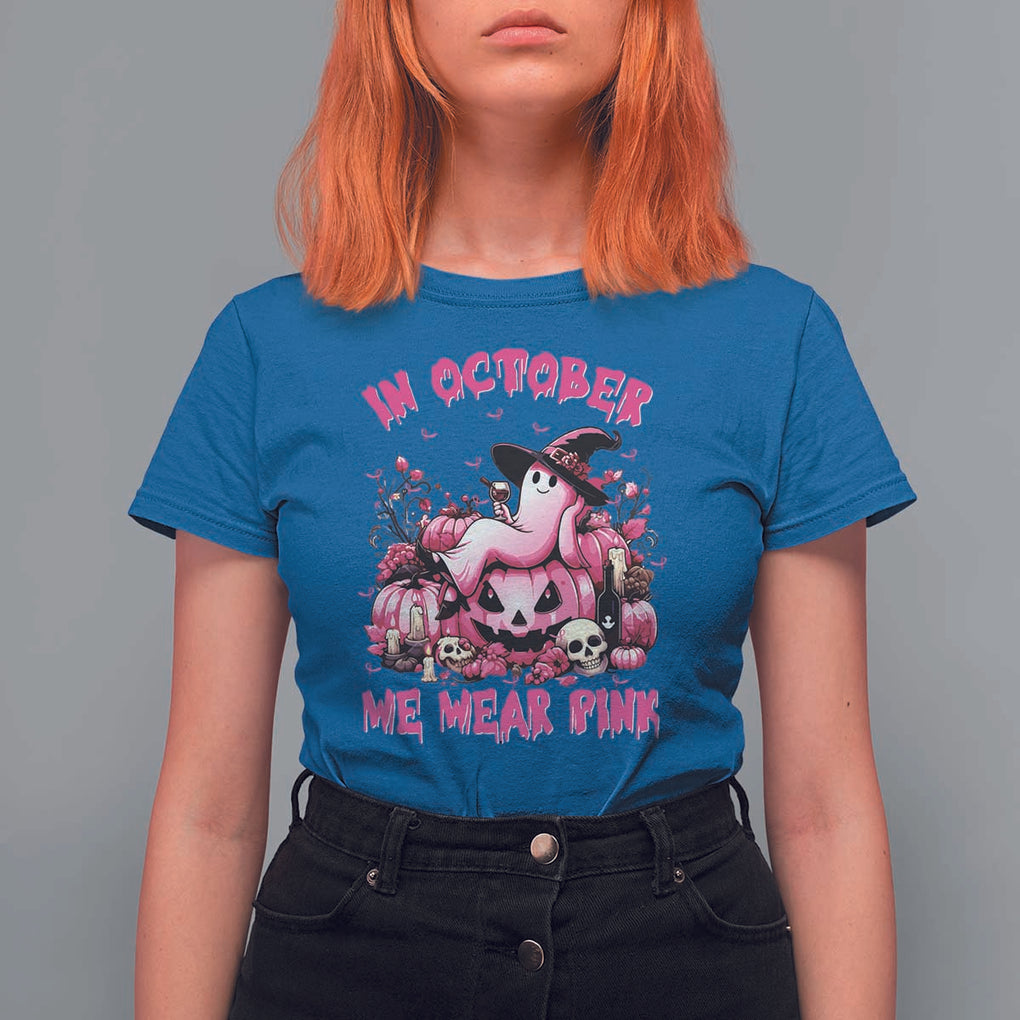 Breast Cancer Awareness T Shirt For Women In October We Wear Pink Halloween Ghost Pumpkin Wine Skull TS11 Royal Blue Print Your Wear