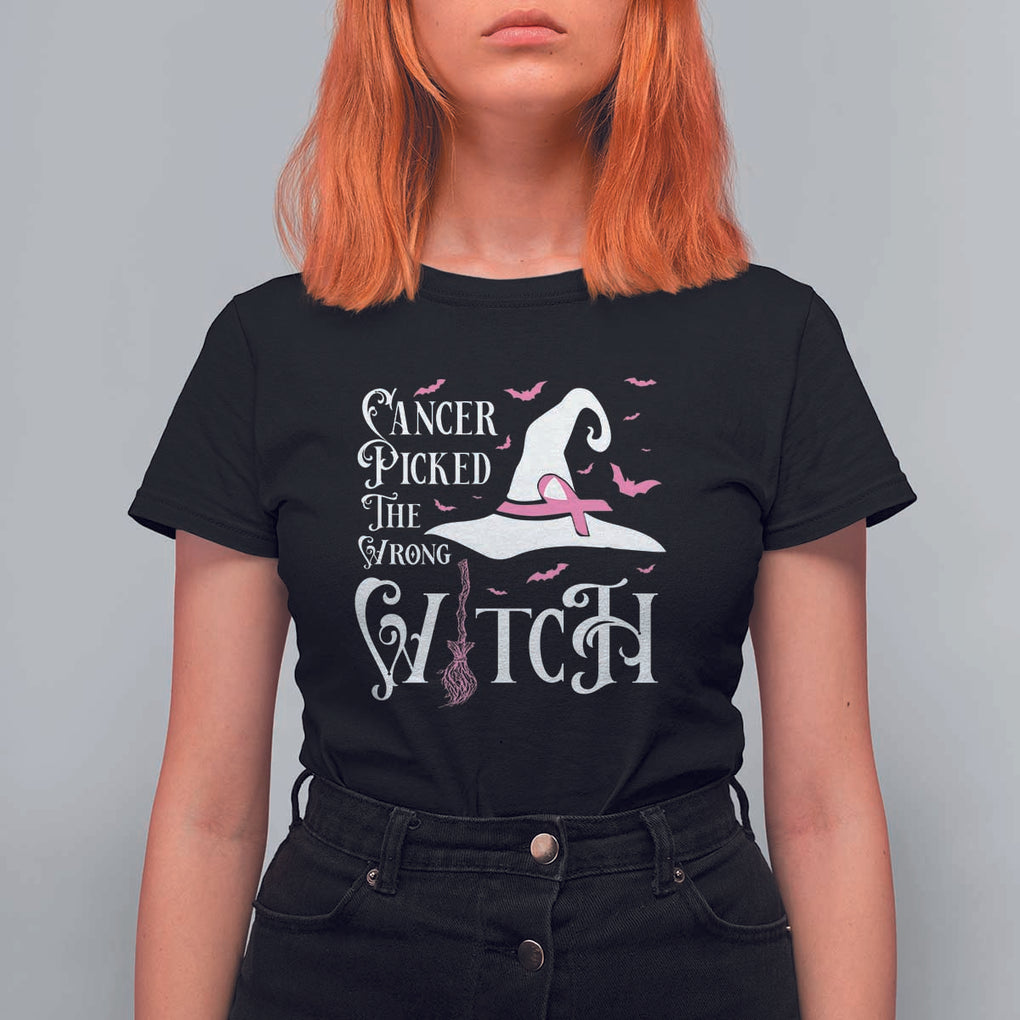 Breast Cancer Awareness T Shirt For Women Cancer Picked The Wrong Witch Hat Broom Bat Pink Ribbon TS11 Black Print Your Wear
