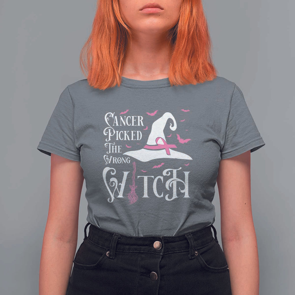 Breast Cancer Awareness T Shirt For Women Cancer Picked The Wrong Witch Hat Broom Bat Pink Ribbon TS11 Charcoal Print Your Wear
