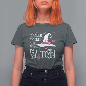 Breast Cancer Awareness T Shirt For Women Cancer Picked The Wrong Witch Hat Broom Bat Pink Ribbon TS11 Dark Heather Print Your Wear