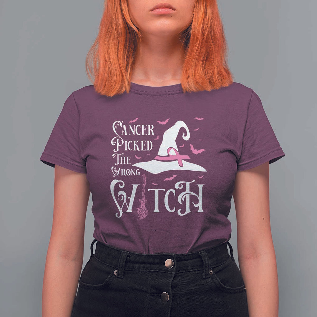 Breast Cancer Awareness T Shirt For Women Cancer Picked The Wrong Witch Hat Broom Bat Pink Ribbon TS11 Maroon Print Your Wear