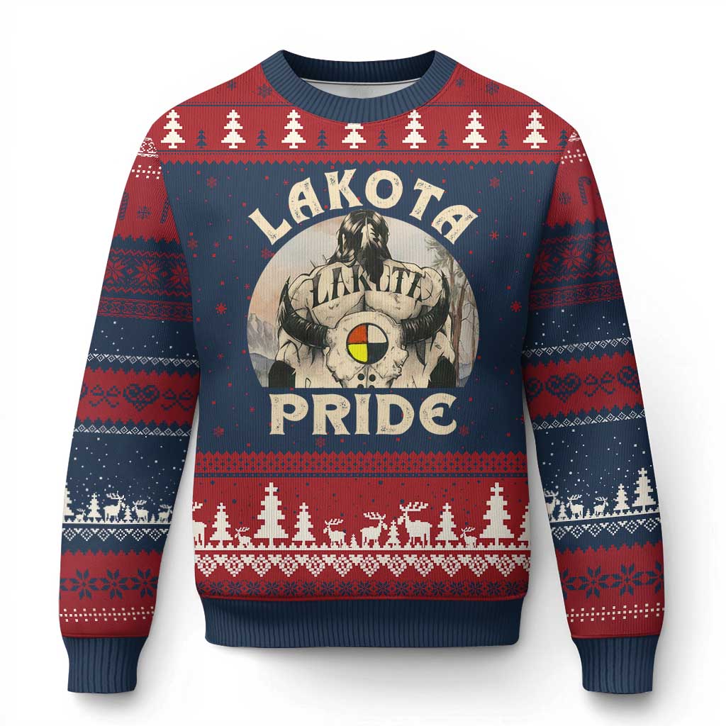 Native American Ugly Christmas Sweater Lakota Pride Medicine Wheel Cow Skull TS11 Navy Red Print Your Wear