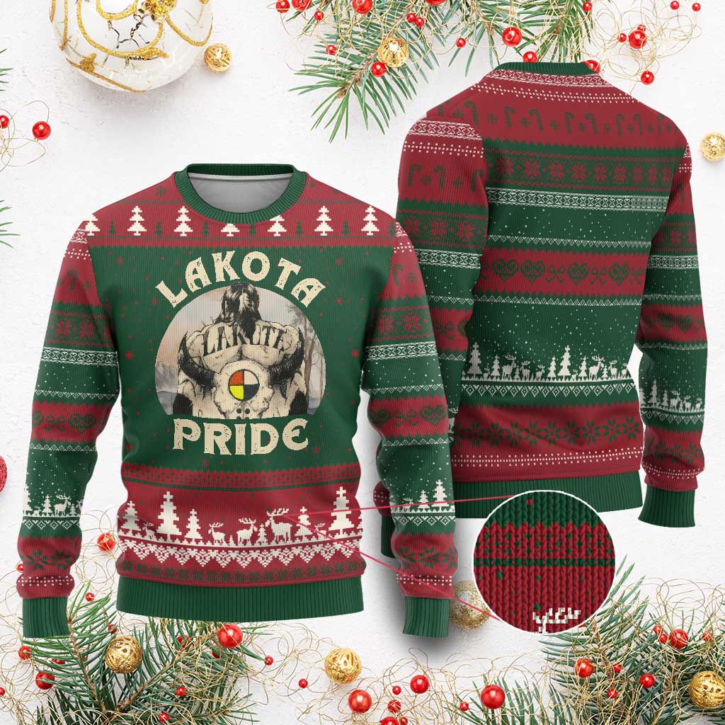 Native American Ugly Christmas Sweater Lakota Pride Medicine Wheel Cow Skull TS11 Red Green Print Your Wear