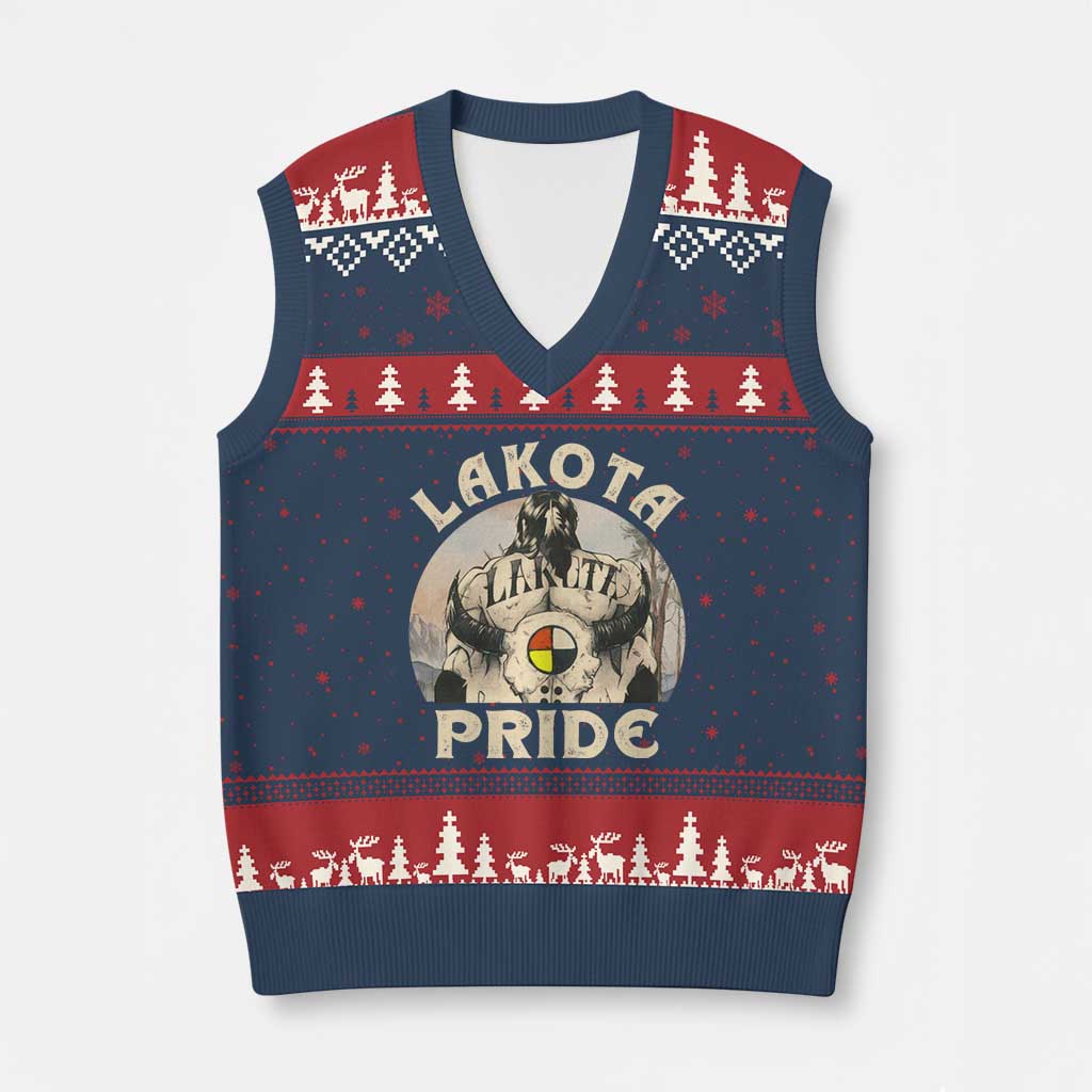 Native American V-Neck Knit Sweater Vest Lakota Pride Medicine Wheel Cow Skull TS11 Navy Red Print Your Wear