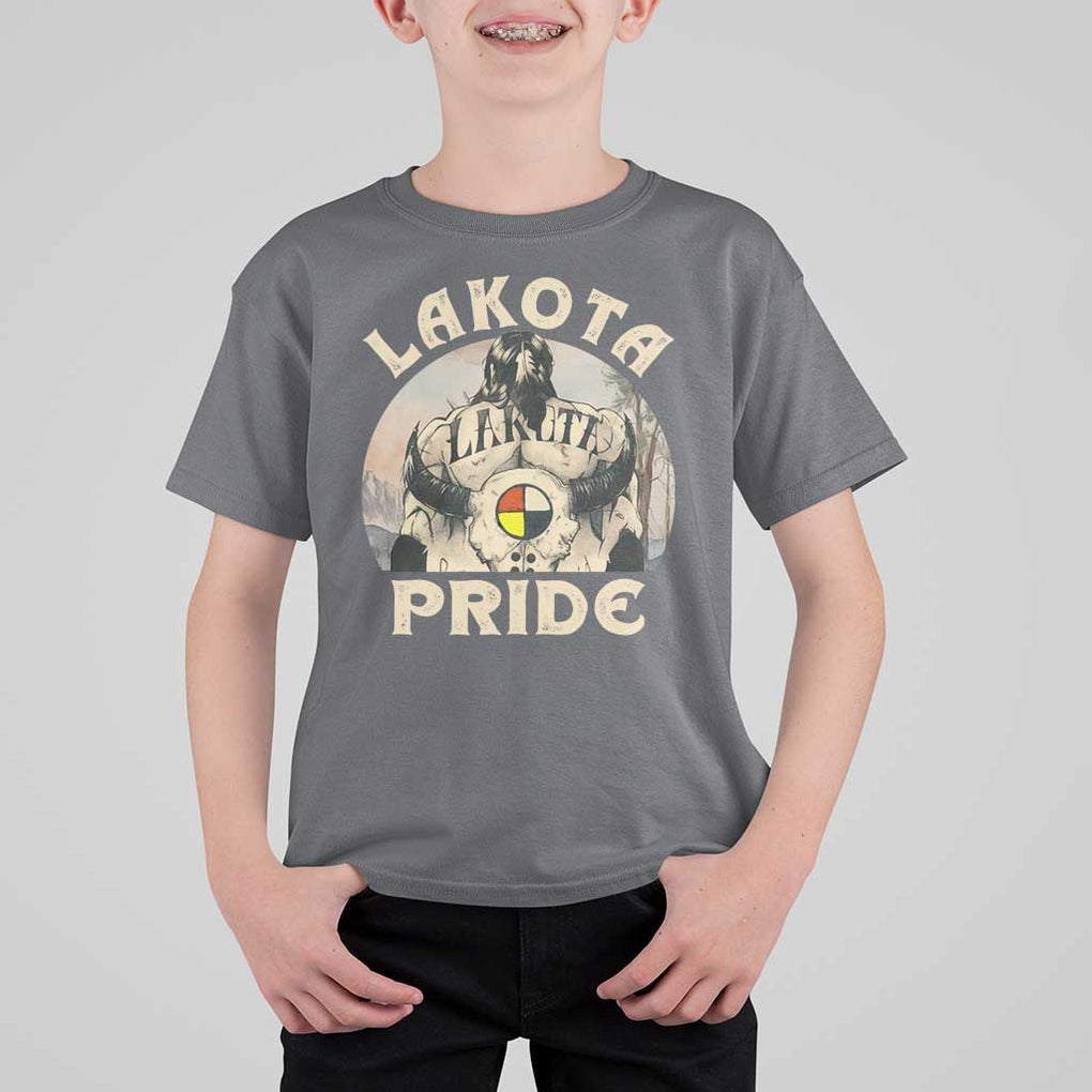 Native American T Shirt For Kid Lakota Pride Medicine Wheel Cow Skull TS11 Charcoal Print Your Wear