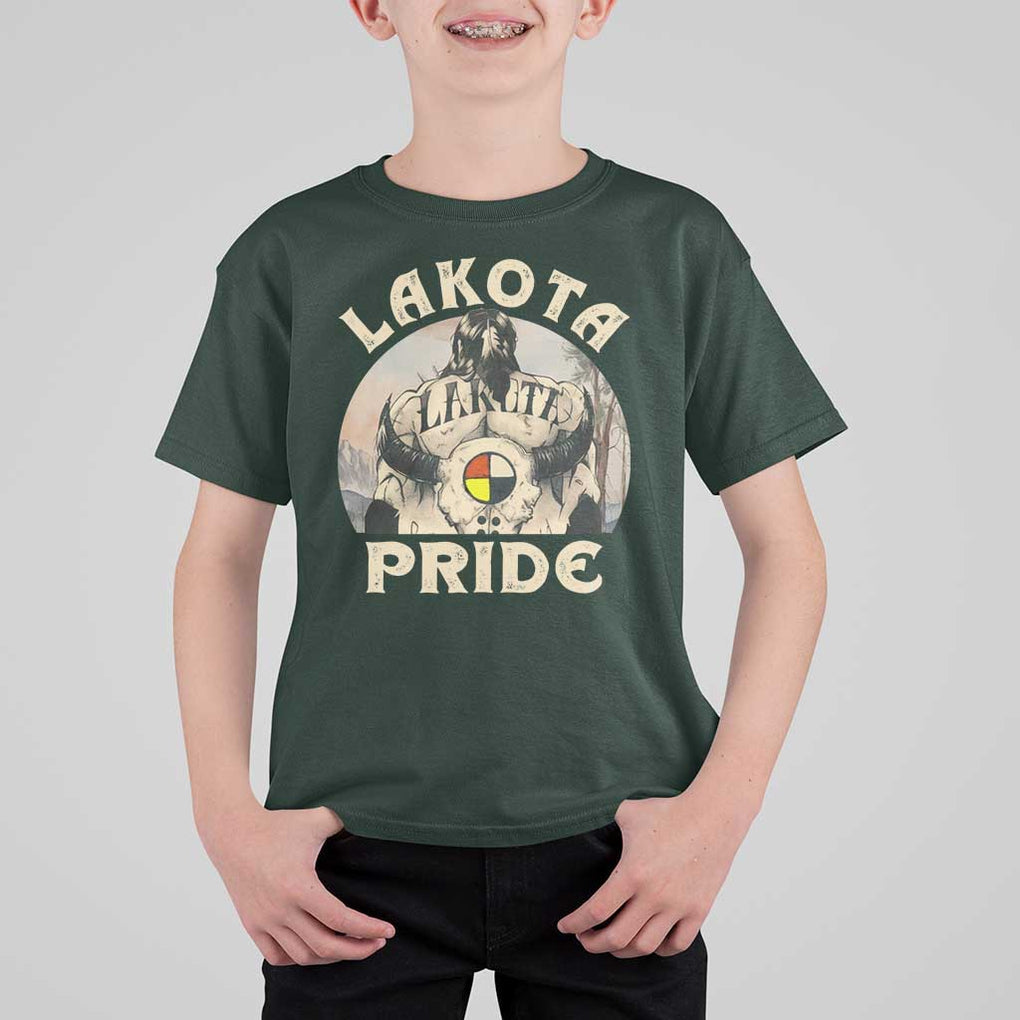 Native American T Shirt For Kid Lakota Pride Medicine Wheel Cow Skull TS11 Dark Forest Green Print Your Wear
