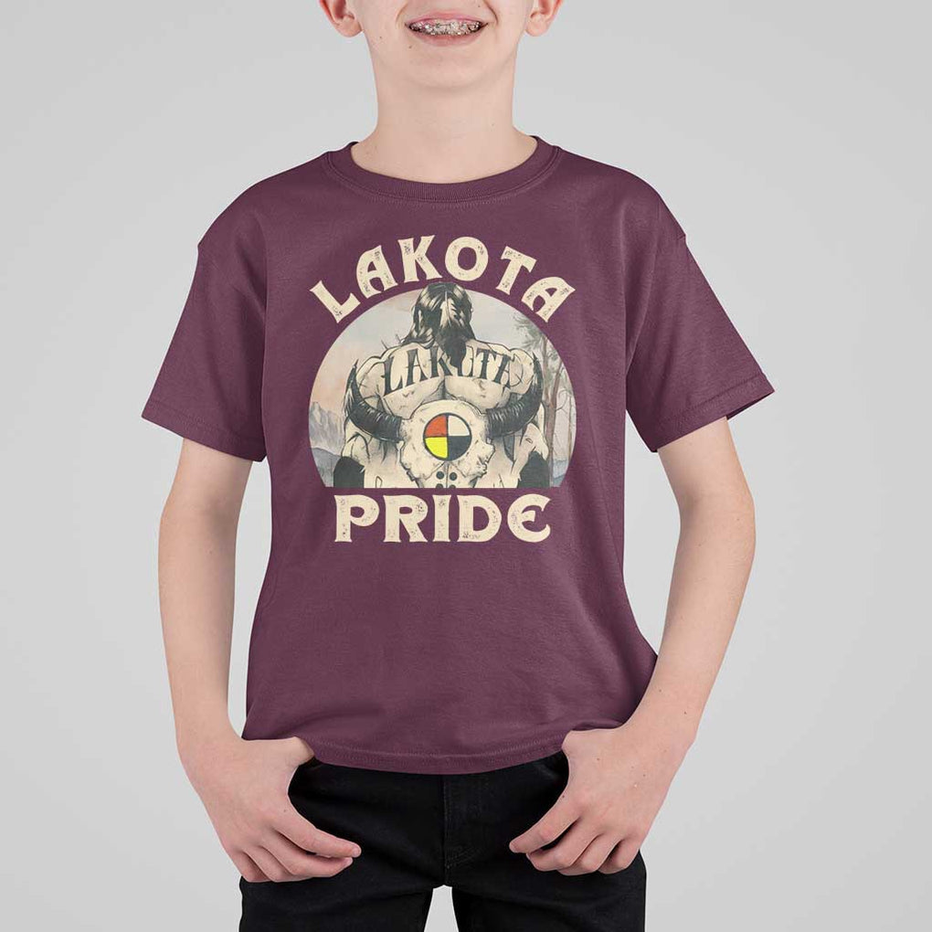 Native American T Shirt For Kid Lakota Pride Medicine Wheel Cow Skull TS11 Maroon Print Your Wear