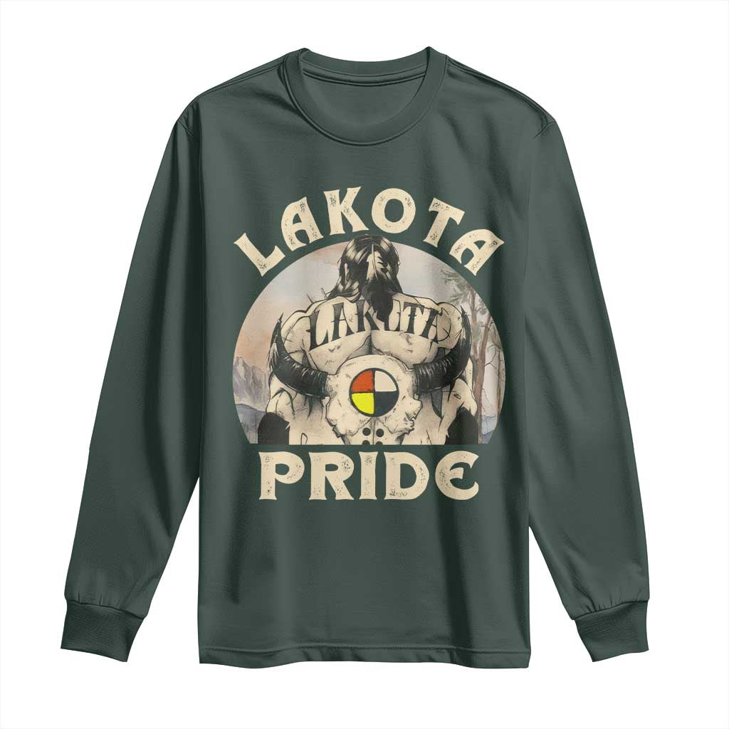 Native American Long Sleeve Shirt Lakota Pride Medicine Wheel Cow Skull TS11 Dark Forest Green Print Your Wear