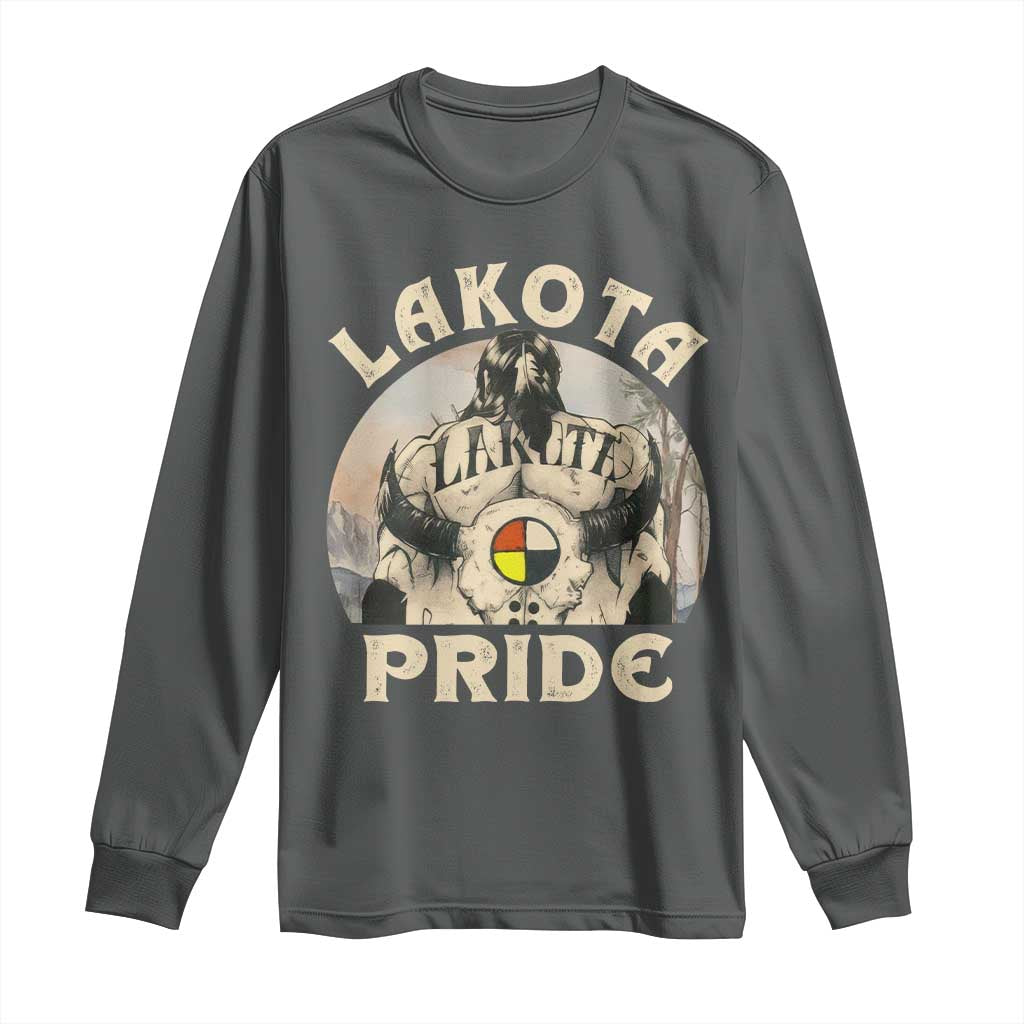 Native American Long Sleeve Shirt Lakota Pride Medicine Wheel Cow Skull TS11 Dark Heather Print Your Wear