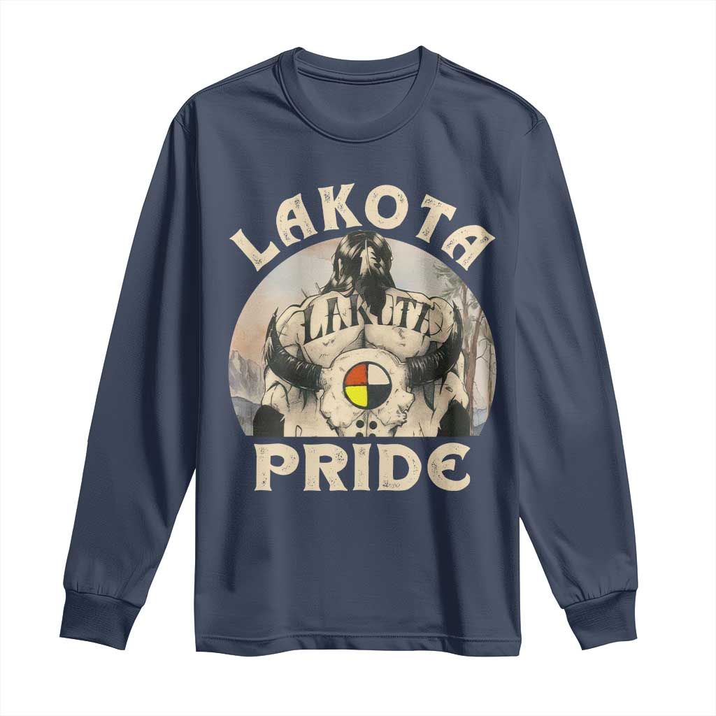 Native American Long Sleeve Shirt Lakota Pride Medicine Wheel Cow Skull TS11 Navy Print Your Wear