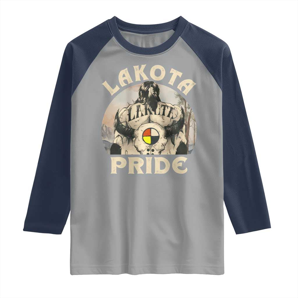 Native American Raglan Shirt Lakota Pride Medicine Wheel Cow Skull TS11 Sport Gray Navy Print Your Wear