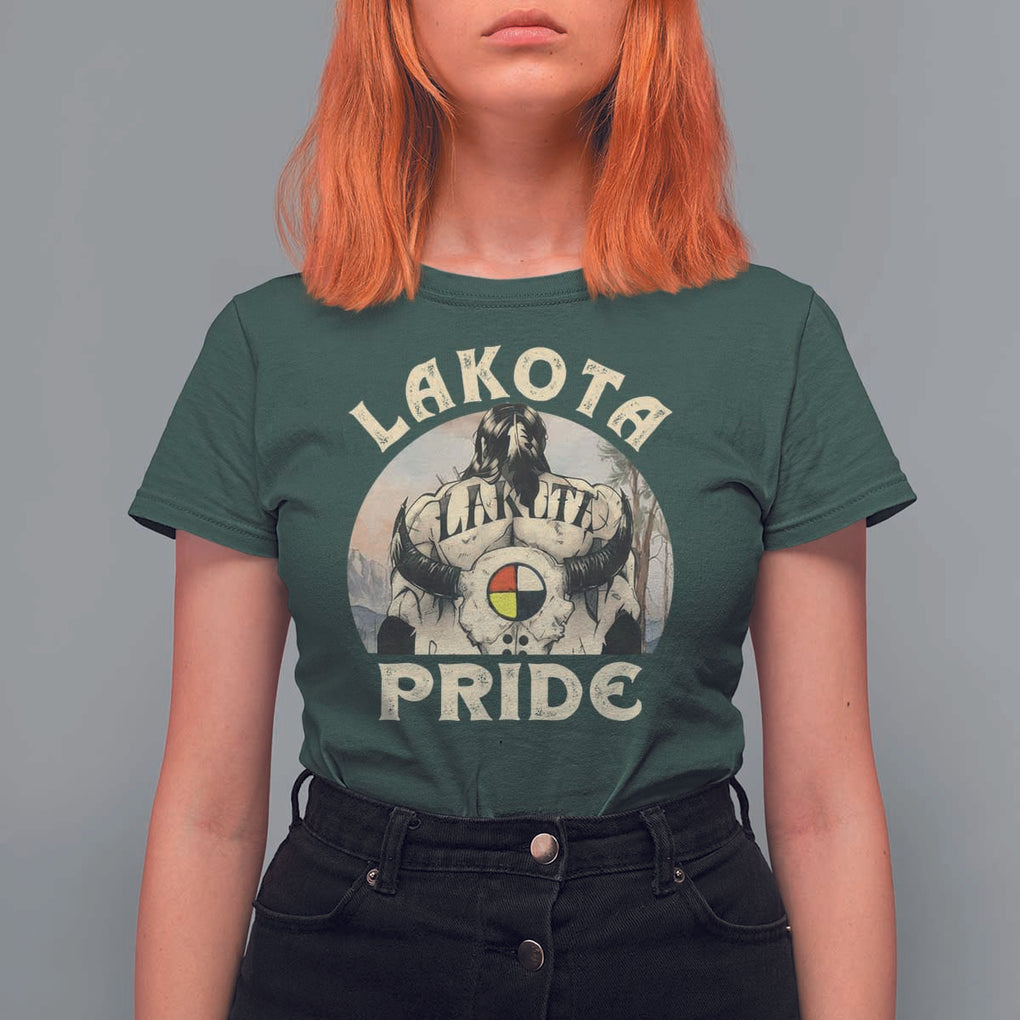 Native American T Shirt For Women Lakota Pride Medicine Wheel Cow Skull TS11 Dark Forest Green Print Your Wear