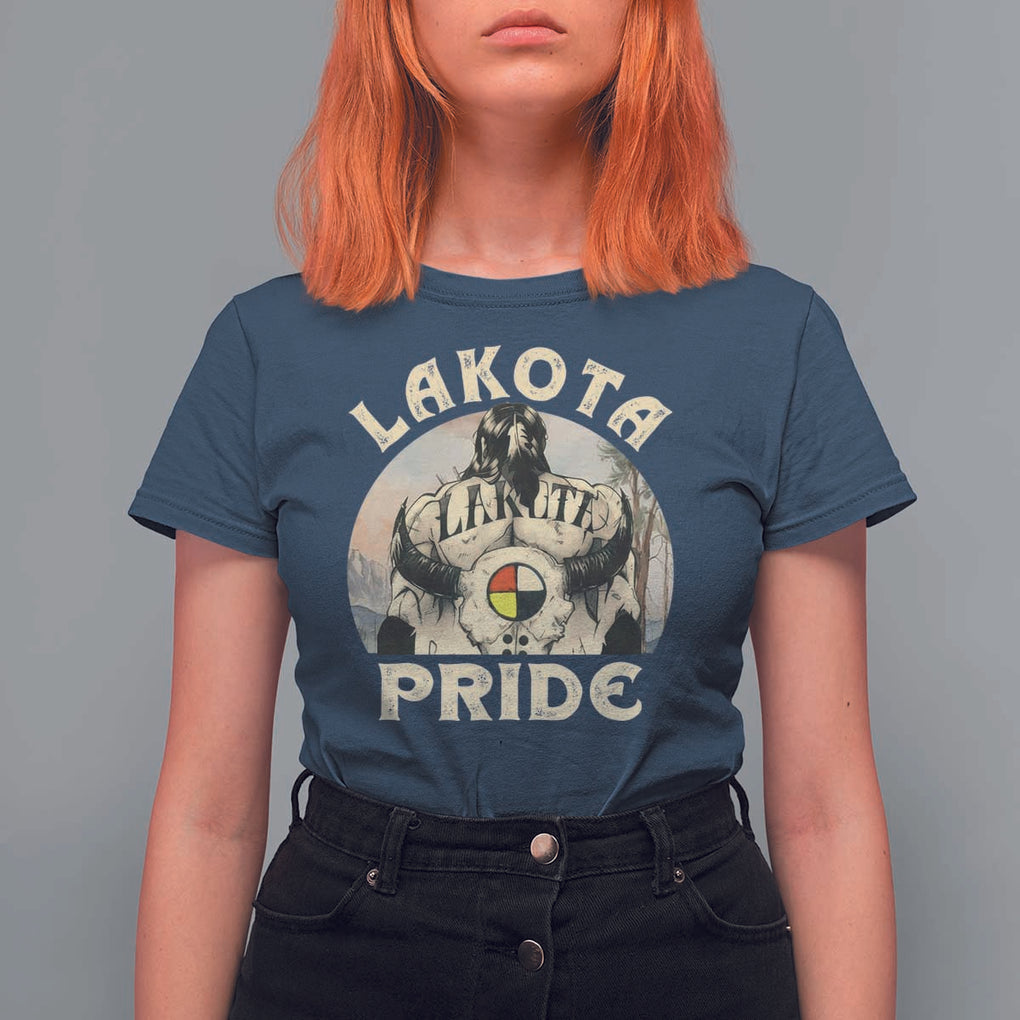 Native American T Shirt For Women Lakota Pride Medicine Wheel Cow Skull TS11 Navy Print Your Wear