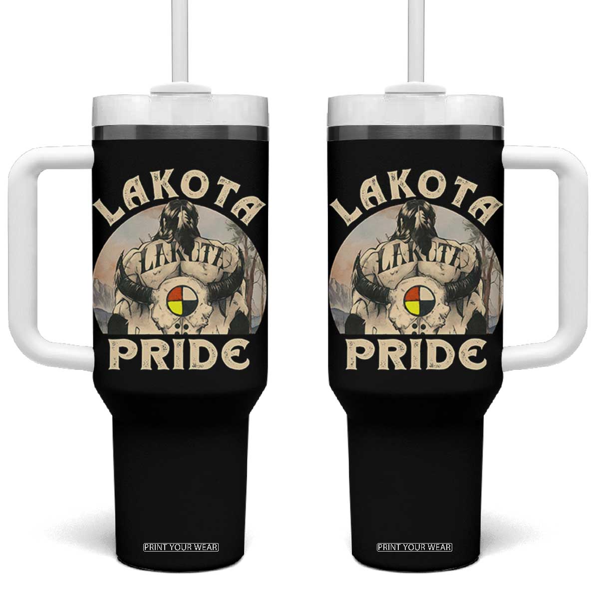 Native American Tumbler With Handle Lakota Pride Medicine Wheel Cow Skull TS11 One Size: 40 oz Black Print Your Wear