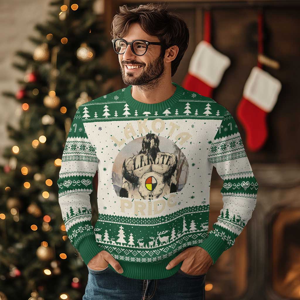 Native American Ugly Christmas Sweater Lakota Pride Medicine Wheel Cow Skull TS11 Green Print Your Wear