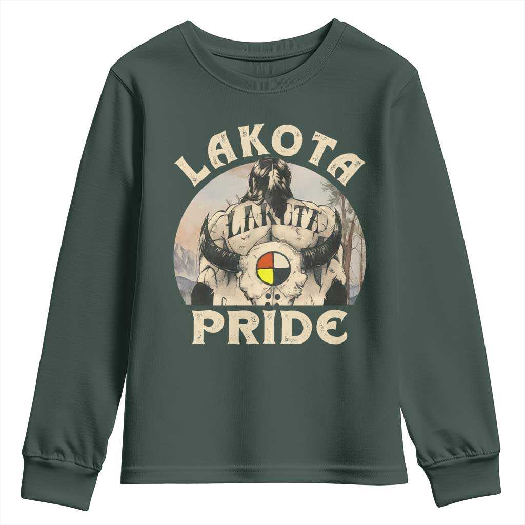 Native American Youth Sweatshirt Lakota Pride Medicine Wheel Cow Skull TS11 Dark Forest Green Print Your Wear