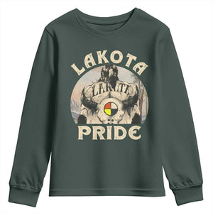 Native American Youth Sweatshirt Lakota Pride Medicine Wheel Cow Skull TS11 Dark Forest Green Print Your Wear