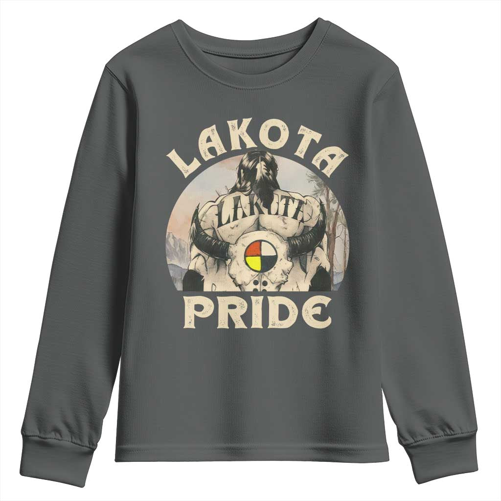 Native American Youth Sweatshirt Lakota Pride Medicine Wheel Cow Skull TS11 Dark Heather Print Your Wear