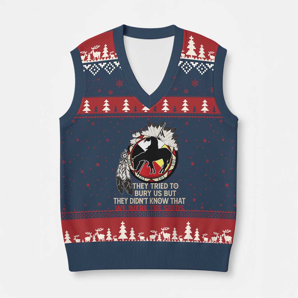 Native American V-Neck Knit Sweater Vest They Tried To Bury Us But They Didn't Know That Medicine Wheel TS11 Navy Red Print Your Wear