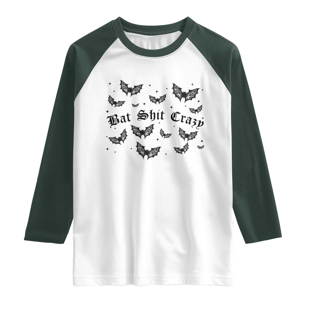 Funny Halloween Bat Shit Crazy Raglan Shirt Horror Gothic Coquette Bat TS11 White Dark Forest Green Print Your Wear