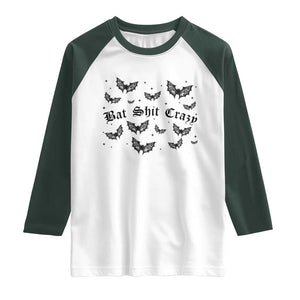 Funny Halloween Bat Shit Crazy Raglan Shirt Horror Gothic Coquette Bat TS11 White Dark Forest Green Print Your Wear