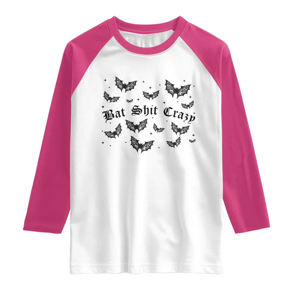 Funny Halloween Bat Shit Crazy Raglan Shirt Horror Gothic Coquette Bat TS11 White Heliconia Print Your Wear
