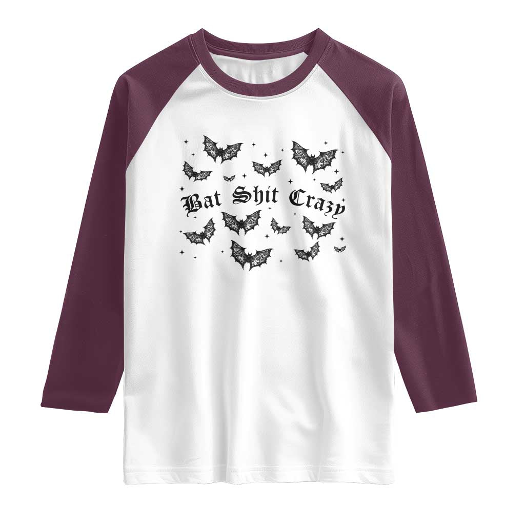 Funny Halloween Bat Shit Crazy Raglan Shirt Horror Gothic Coquette Bat TS11 White Maroon Print Your Wear