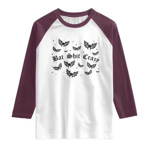 Funny Halloween Bat Shit Crazy Raglan Shirt Horror Gothic Coquette Bat TS11 White Maroon Print Your Wear