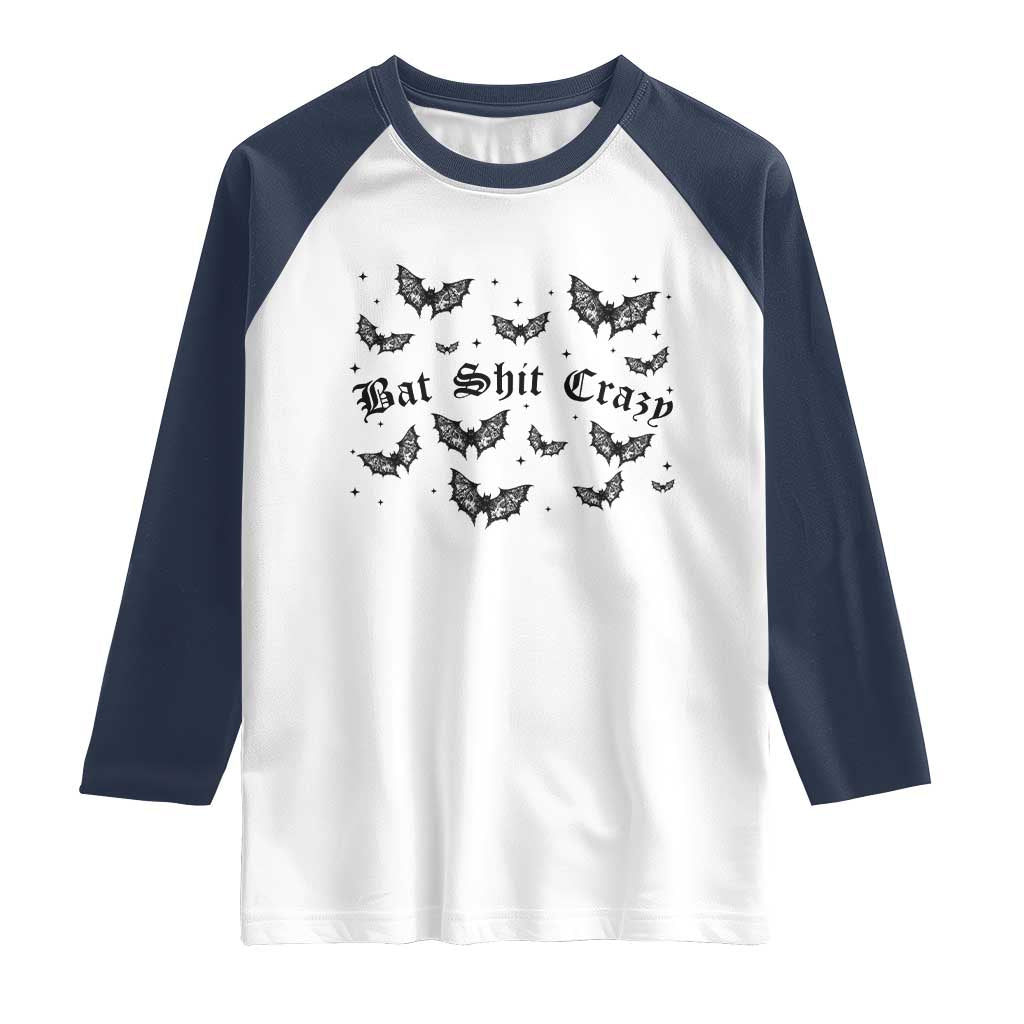 Funny Halloween Bat Shit Crazy Raglan Shirt Horror Gothic Coquette Bat TS11 White Navy Print Your Wear