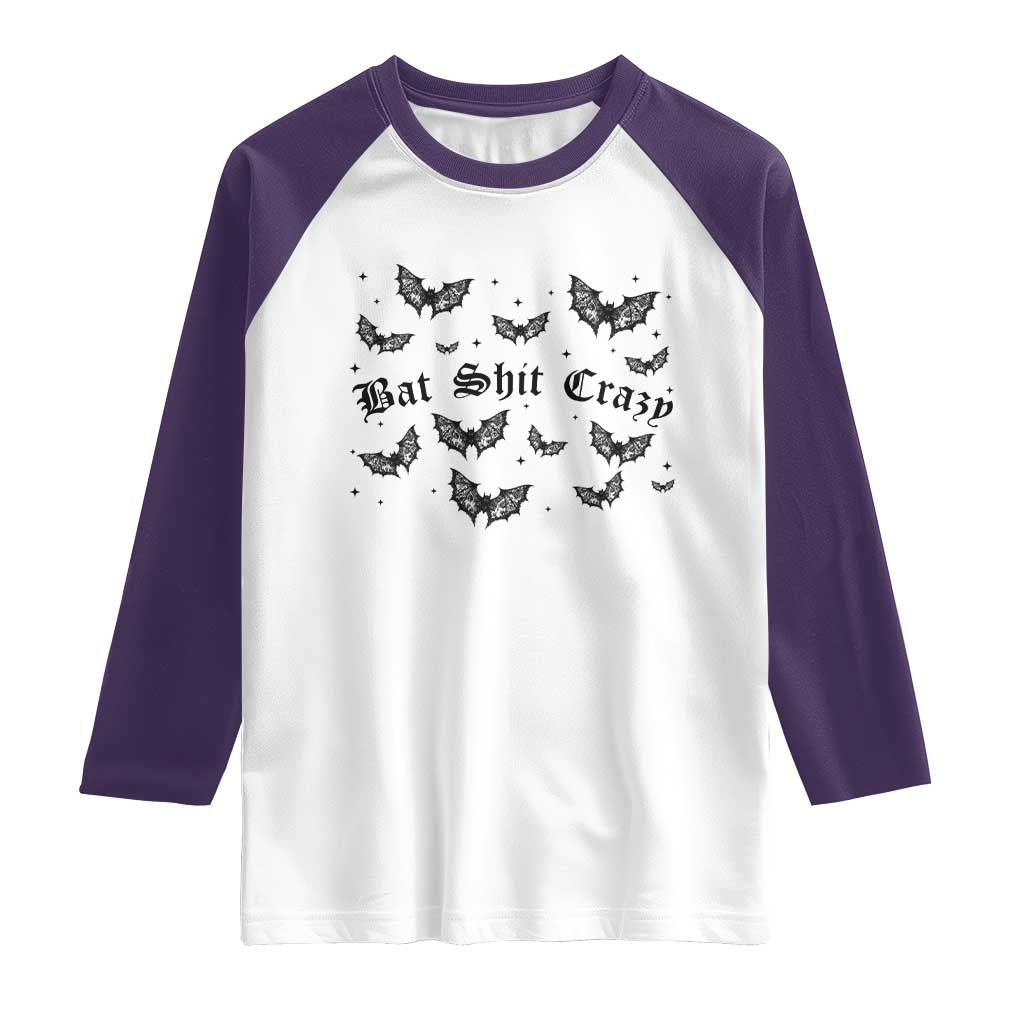 Funny Halloween Bat Shit Crazy Raglan Shirt Horror Gothic Coquette Bat TS11 White Purple Print Your Wear