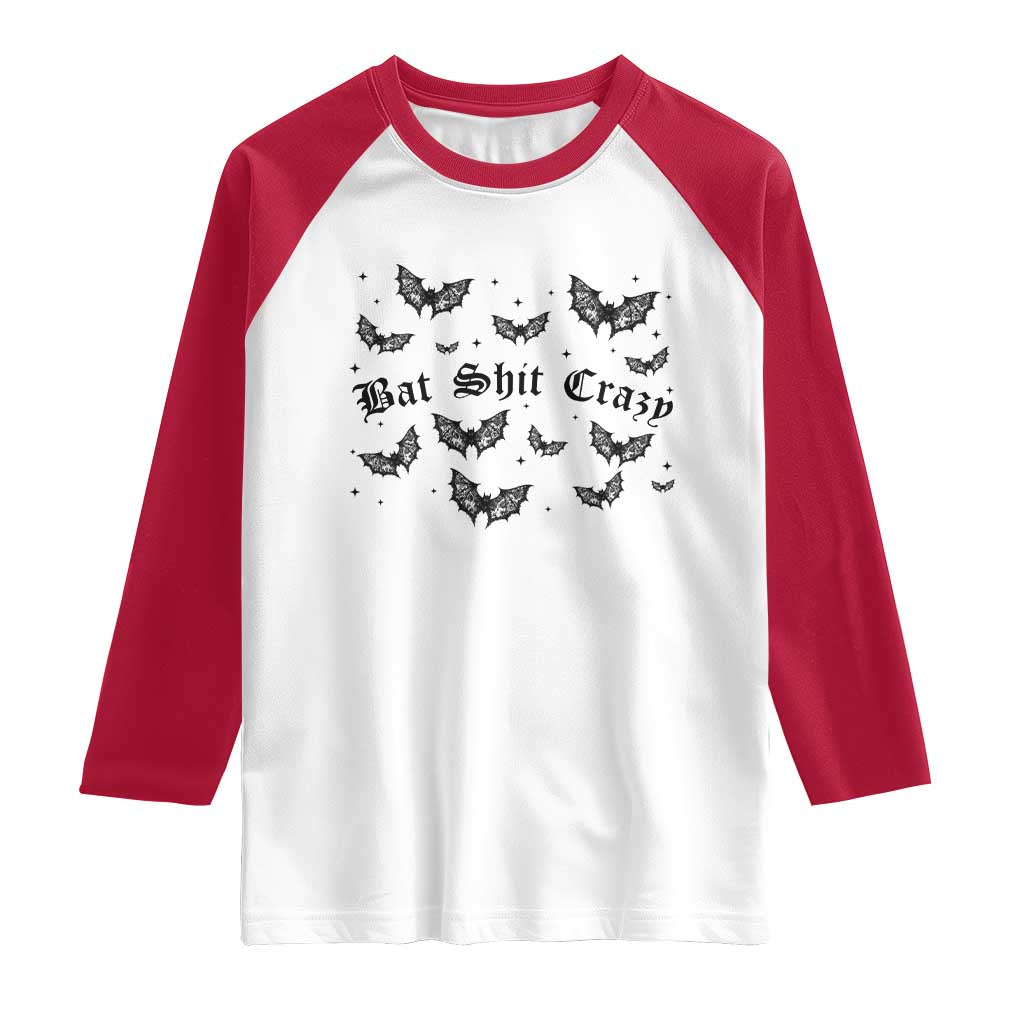 Funny Halloween Bat Shit Crazy Raglan Shirt Horror Gothic Coquette Bat TS11 White Red Print Your Wear