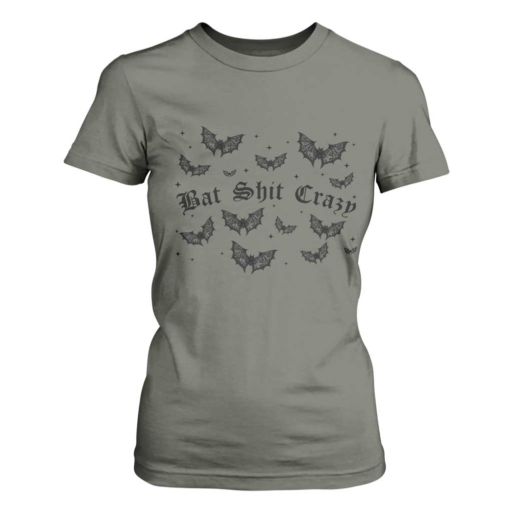 Funny Halloween Bat Shit Crazy T Shirt For Women Horror Gothic Coquette Bat TS11 Military Green Print Your Wear