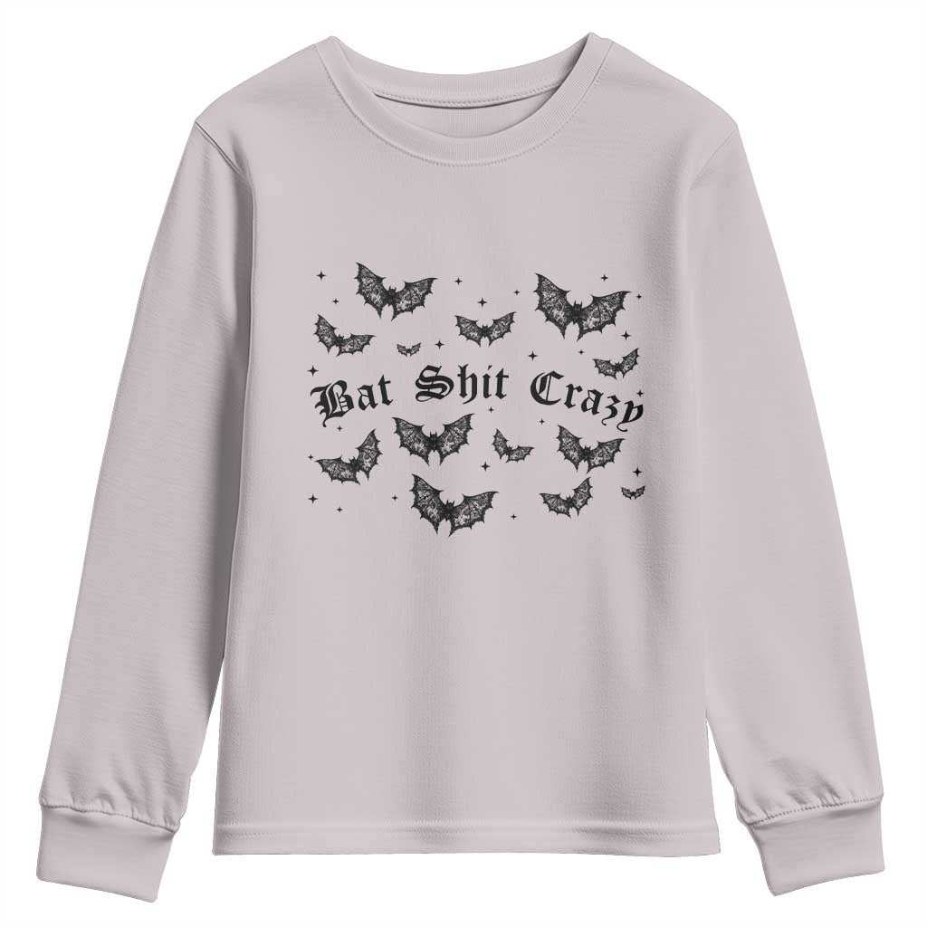 Funny Halloween Bat Shit Crazy Youth Sweatshirt Horror Gothic Coquette Bat TS11 Ice Gray Print Your Wear