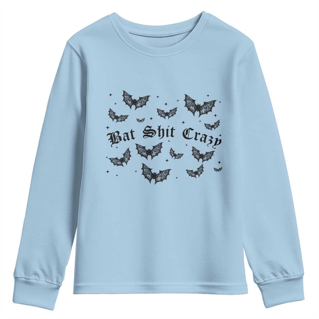 Funny Halloween Bat Shit Crazy Youth Sweatshirt Horror Gothic Coquette Bat TS11 Light Blue Print Your Wear