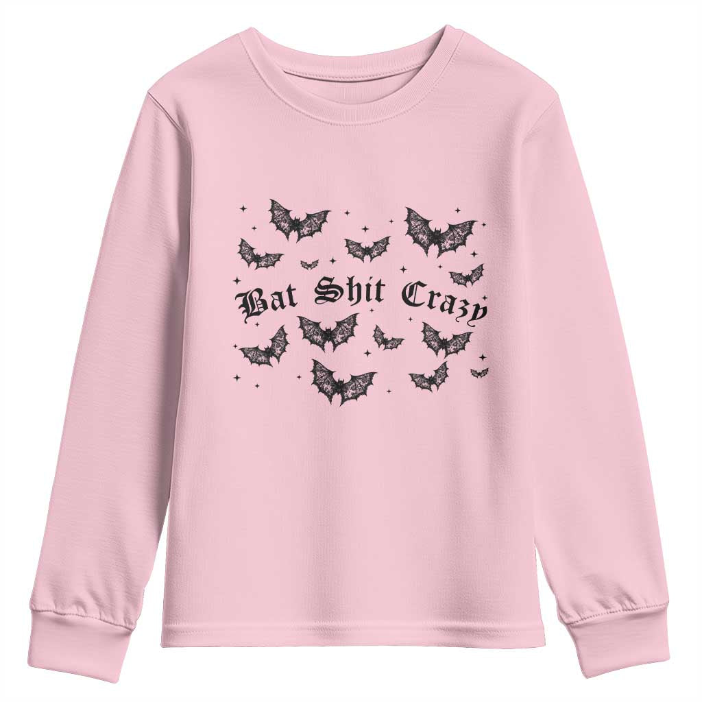Funny Halloween Bat Shit Crazy Youth Sweatshirt Horror Gothic Coquette Bat TS11 Light Pink Print Your Wear
